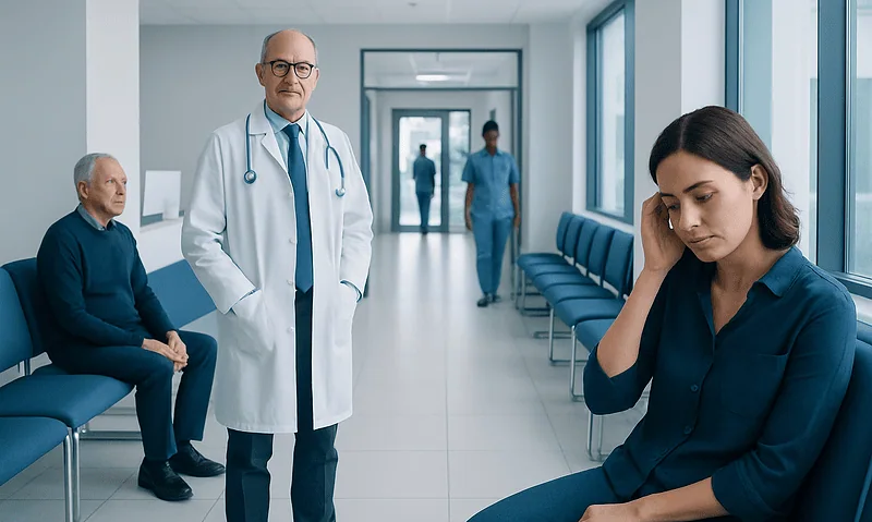 Doctor and patients in a hospital corridor, woman appears distressed.