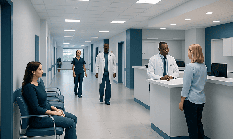 Hospital waiting area with patients and medical staff.