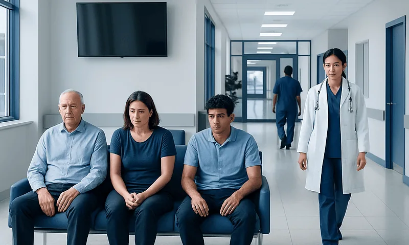 Patients waiting in a hospital corridor with medical staff nearby.