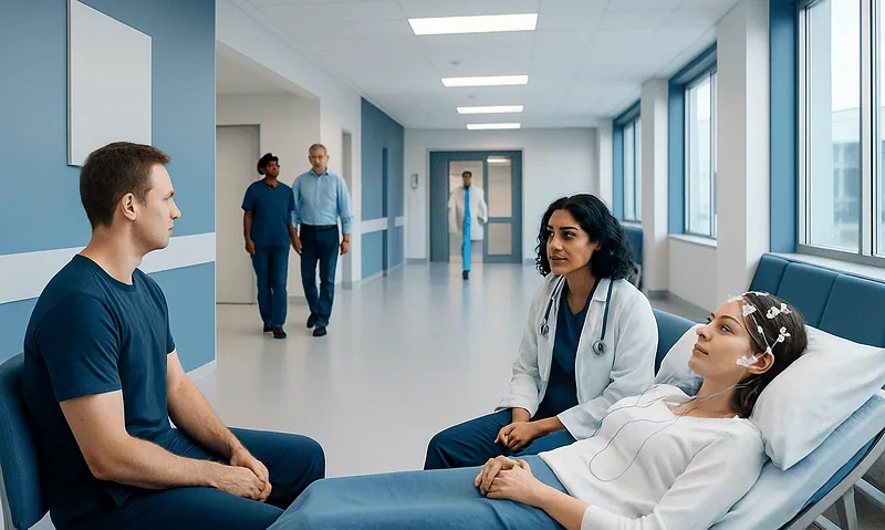 Patient in hospital bed during a medical consultation at Acibadem Hospitals Group.