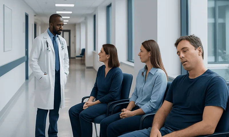 Doctor consulting with patients in a hospital corridor.