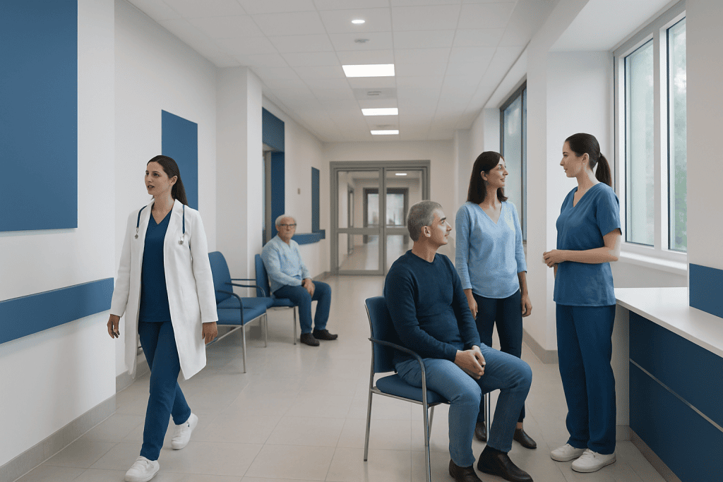 Living With Neuro-Ophthalmic Symptoms: Daily Safety and Self-Care Tips 1 Medical staff and patient in a hospital corridor with large windows.