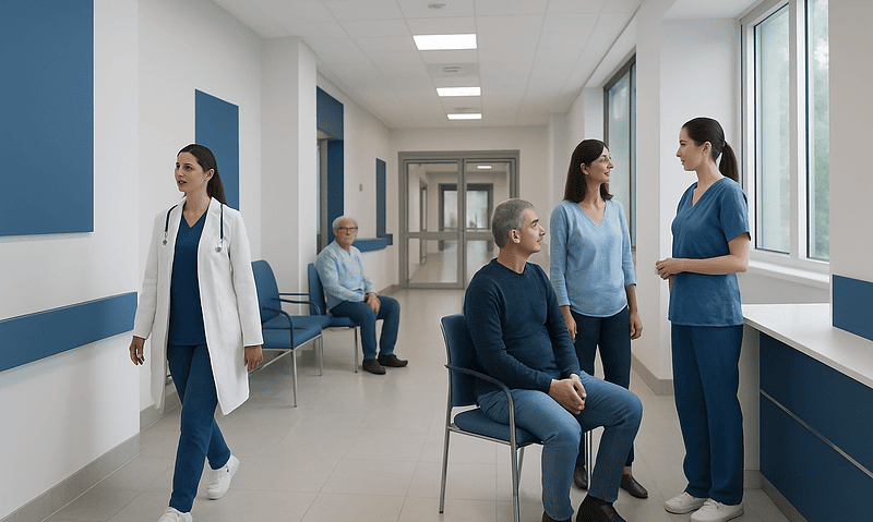 Medical staff and patient in a hospital corridor with large windows.