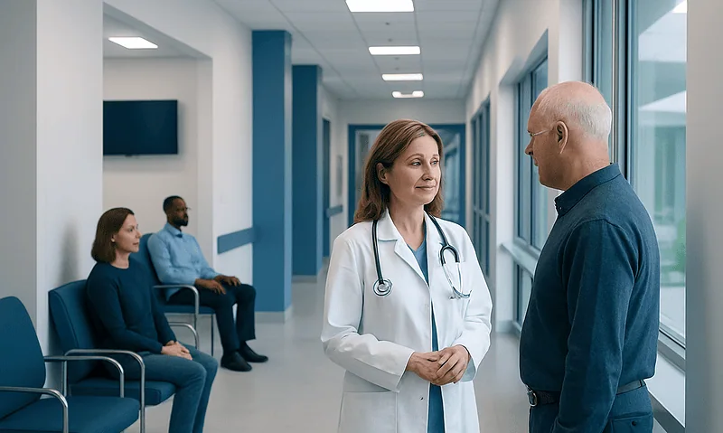 Doctor consulting with patient in hospital corridor for second opinion.