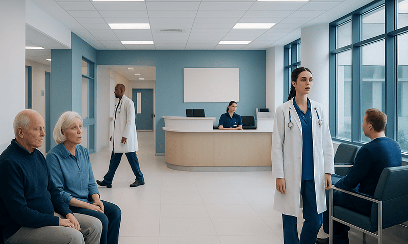 Hospital waiting area with doctors and patients at Acibadem Hospitals Group.