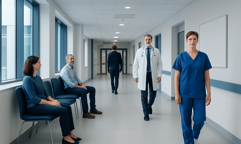 Medical professionals and patients in a hospital corridor.