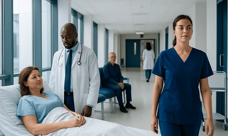 Hospital corridor with patients and medical staff in a healthcare setting.