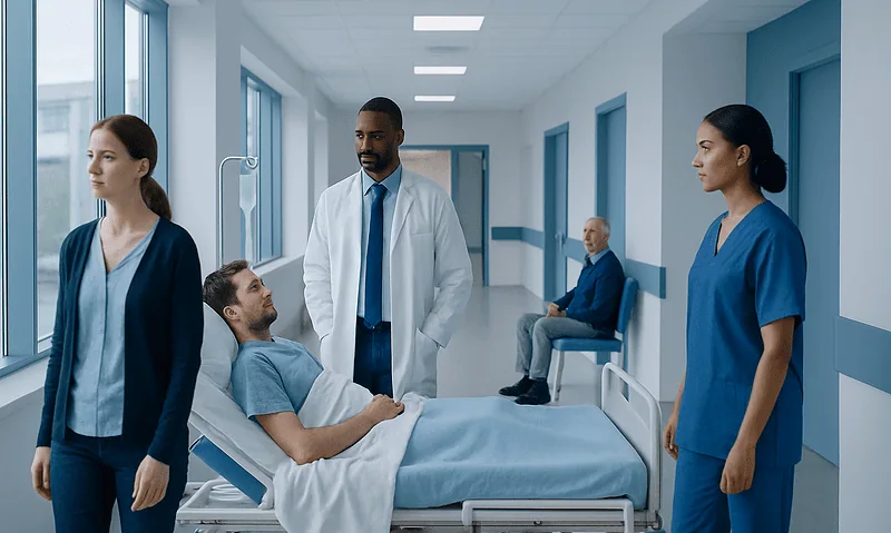 Hospital room with medical staff and patient, healthcare setting.