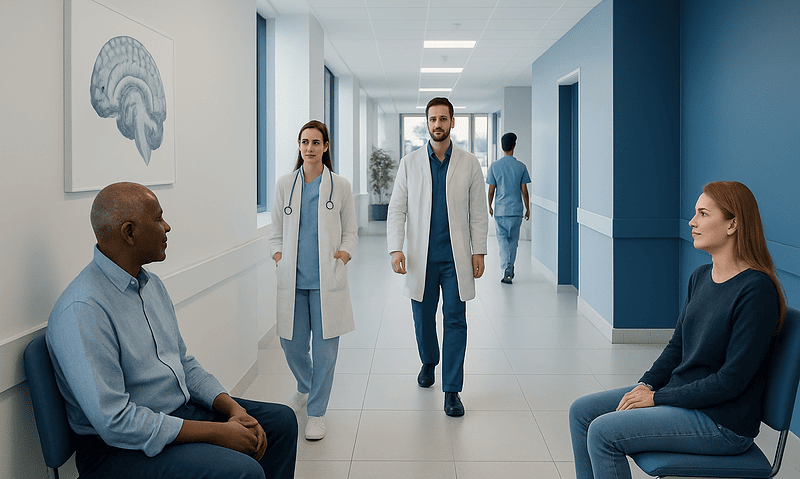 Medical consultation in a hospital corridor with doctors and patients.