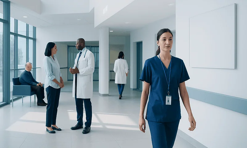 Healthcare professionals in a modern hospital lobby with natural light.