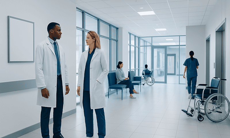 Doctors discussing patient care in a modern hospital corridor.