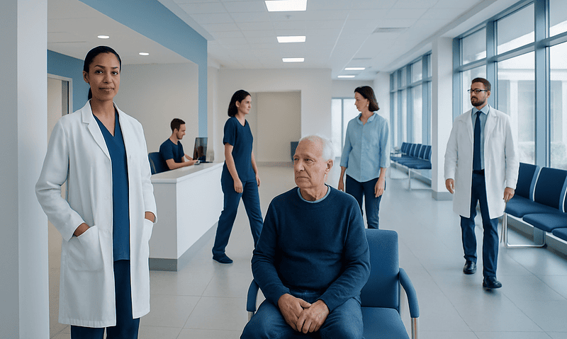 Medical team and patient in a modern hospital corridor.