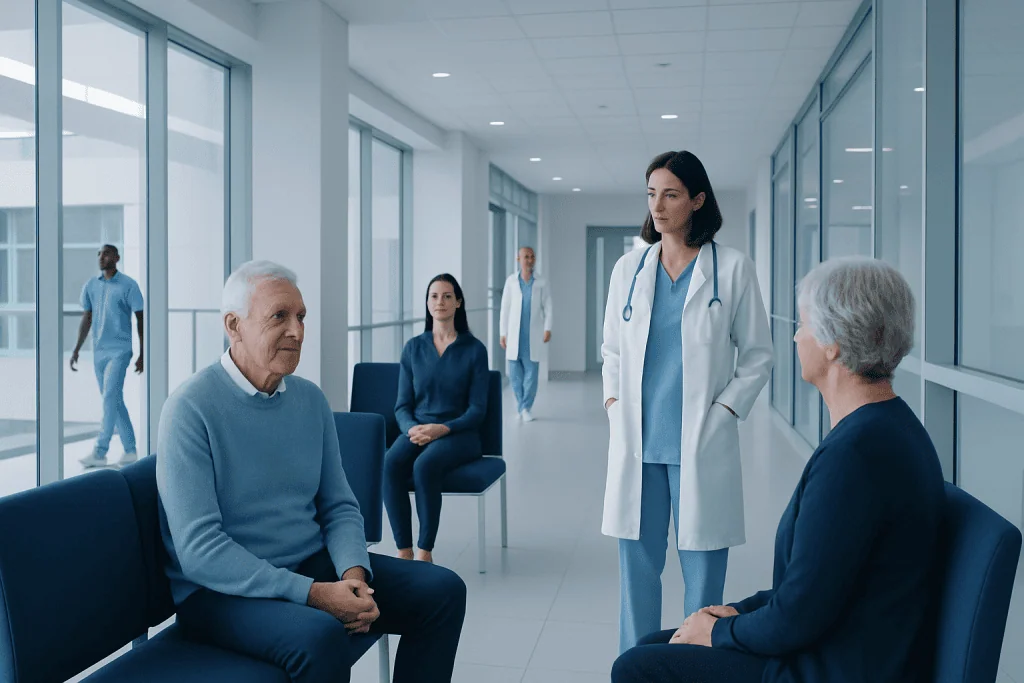 The Most Common Neurodegenerative Diseases and How They Affect Daily Life 1 Medical consultation with elderly patients in a hospital corridor.