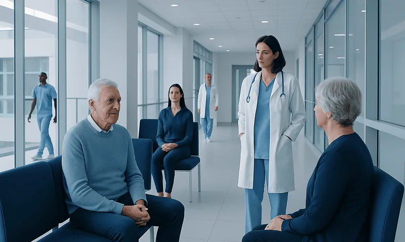 Medical consultation with elderly patients in a hospital corridor.