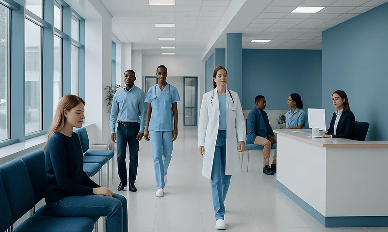 Medical staff walking in a hospital corridor at Acibadem Hospitals Group.