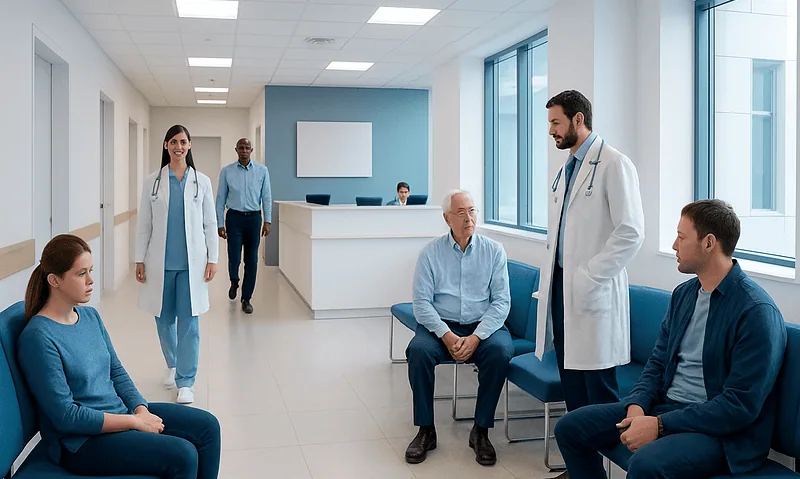 Health Library 9 Medical consultation in a modern hospital corridor with doctors and patients.