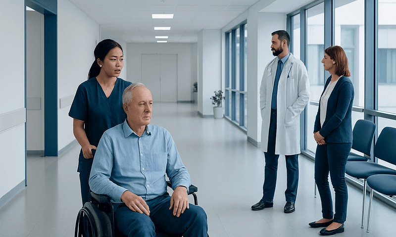 Health Library 6 Medical team consulting with patient in hospital corridor.