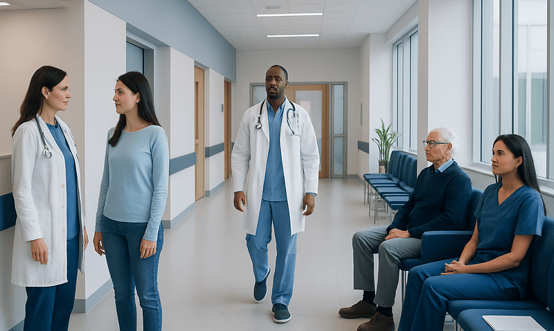 Health Library 5 Medical team consulting patients in hospital corridor with waiting area.