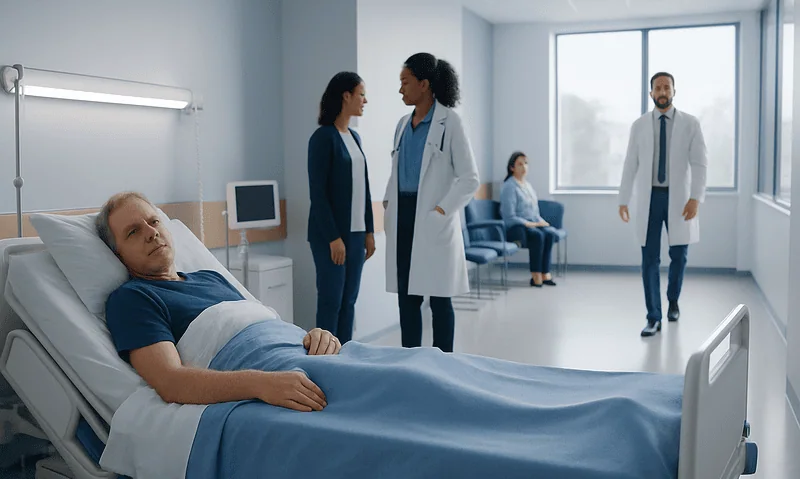 Hospital room with patient and medical staff, bright and clean environment.