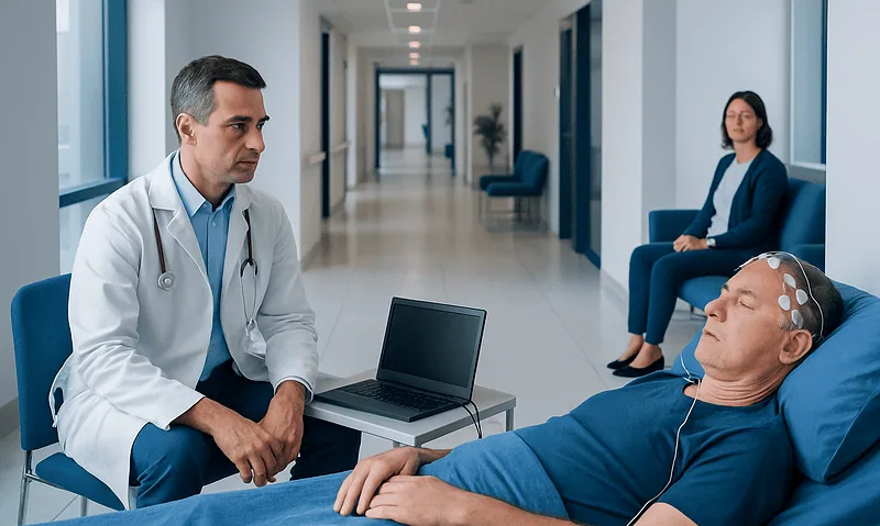 Doctor consulting patient during a neurological sleep evaluation in hospital.