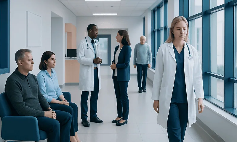 Medical team and patients in a hospital corridor for neurological care.