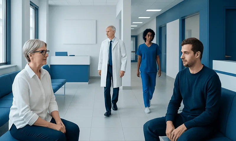 Medical consultation in a hospital corridor with doctors and patients.