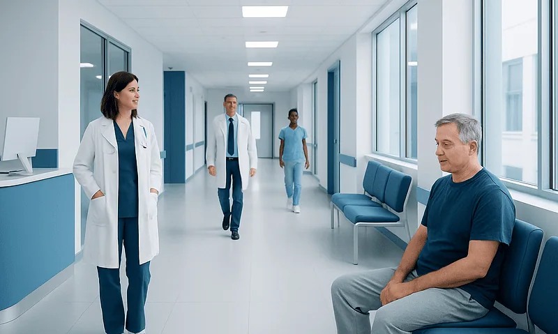 Medical professionals and patient in a hospital corridor at Acibadem Hospitals Group.