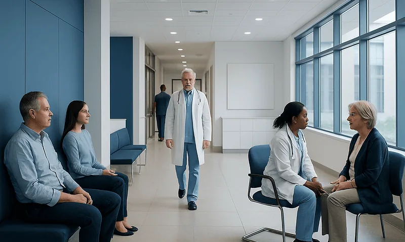 Medical consultation in a modern hospital corridor with diverse patients and doctors.
