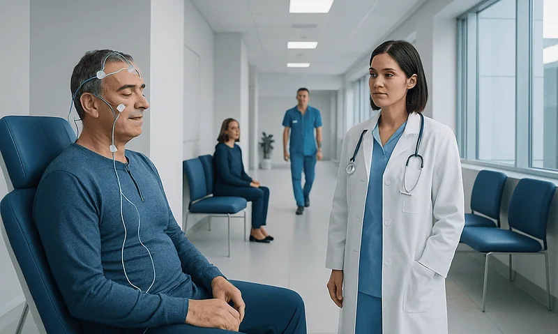 Patient undergoing neurological sleep evaluation at Acibadem Hospital in Turkey.
