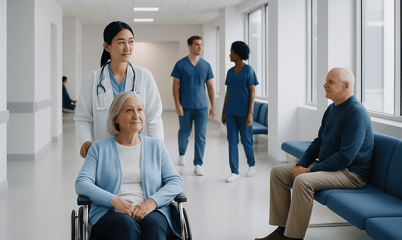 Healthcare professionals assisting elderly patients in a hospital corridor.