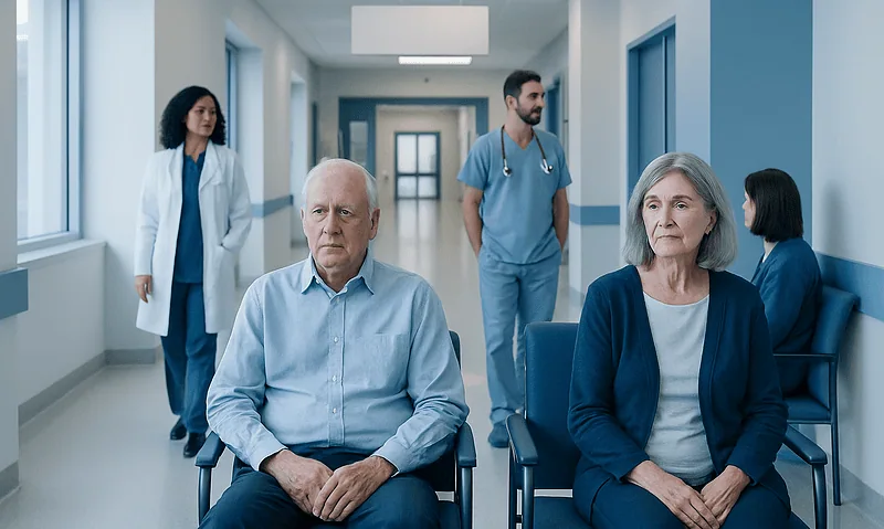Patients waiting in a hospital corridor with medical staff nearby.
