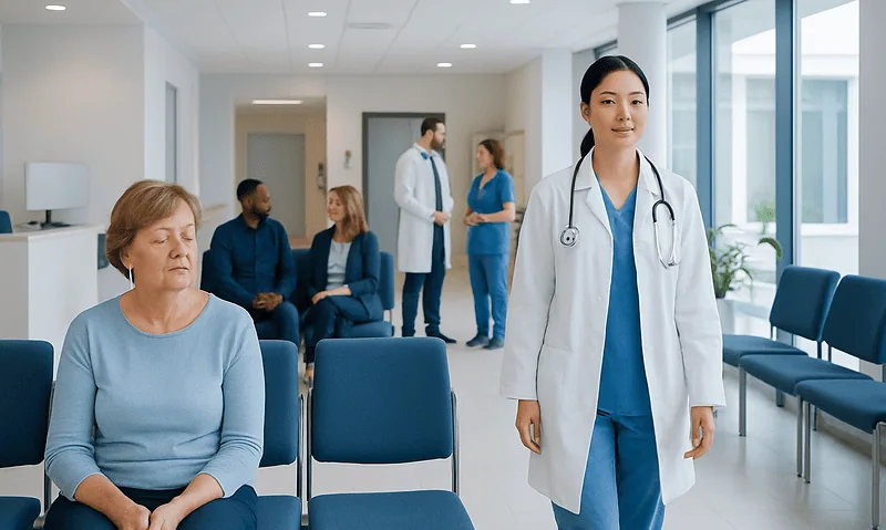 Medical professional with patients in a modern hospital waiting area.