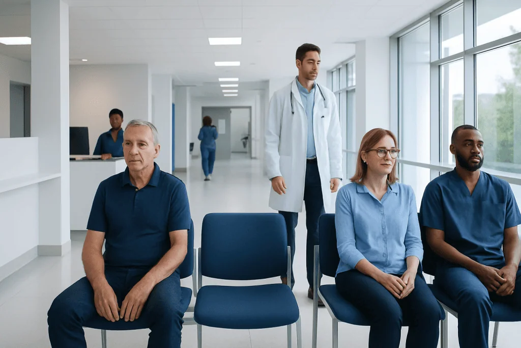 Nystagmus in Adults: Why the Eyes Move Involuntarily 1 Patients waiting in a modern hospital corridor with medical staff nearby.