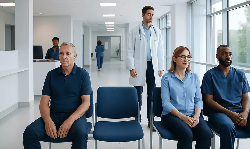Patients waiting in a modern hospital corridor with medical staff nearby.