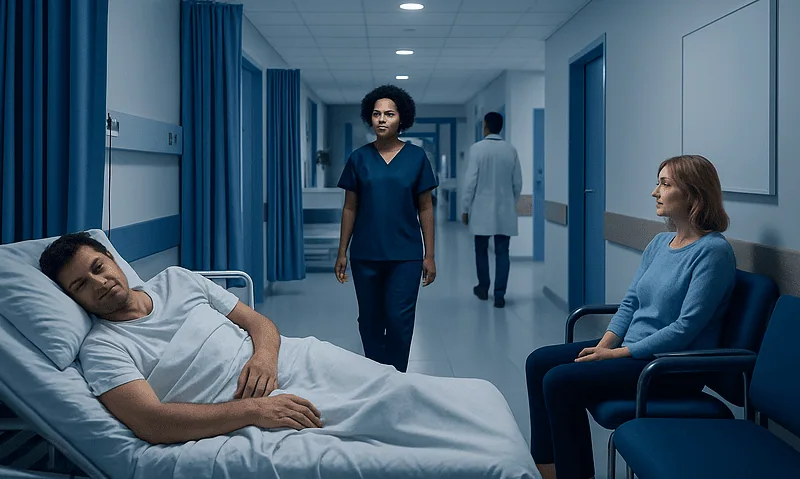 Patient resting in hospital bed with medical staff nearby in hospital corridor.