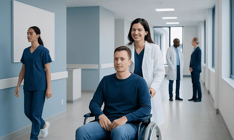 Healthcare professionals assisting a patient in a hospital corridor.