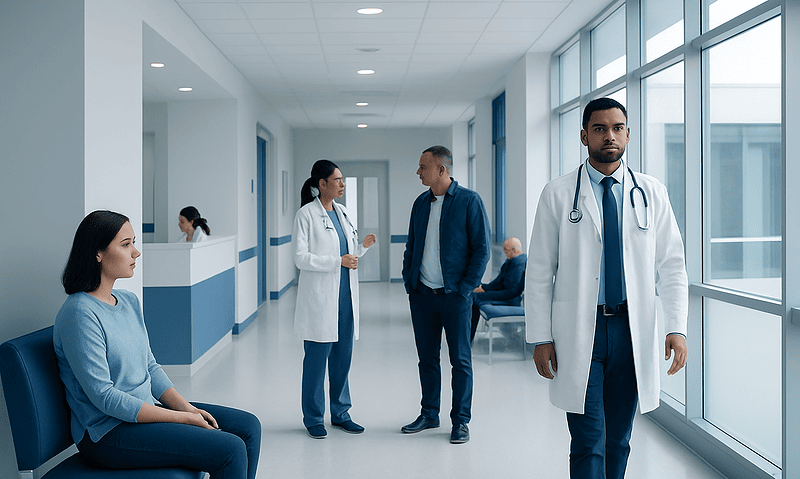 Medical team consulting in hospital corridor at Acibadem Hospitals Group.