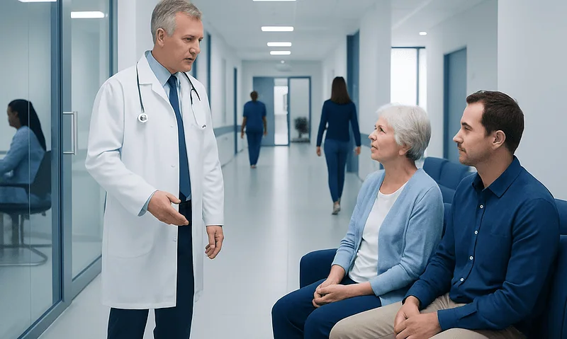 Doctor consulting elderly woman and young man in hospital corridor.