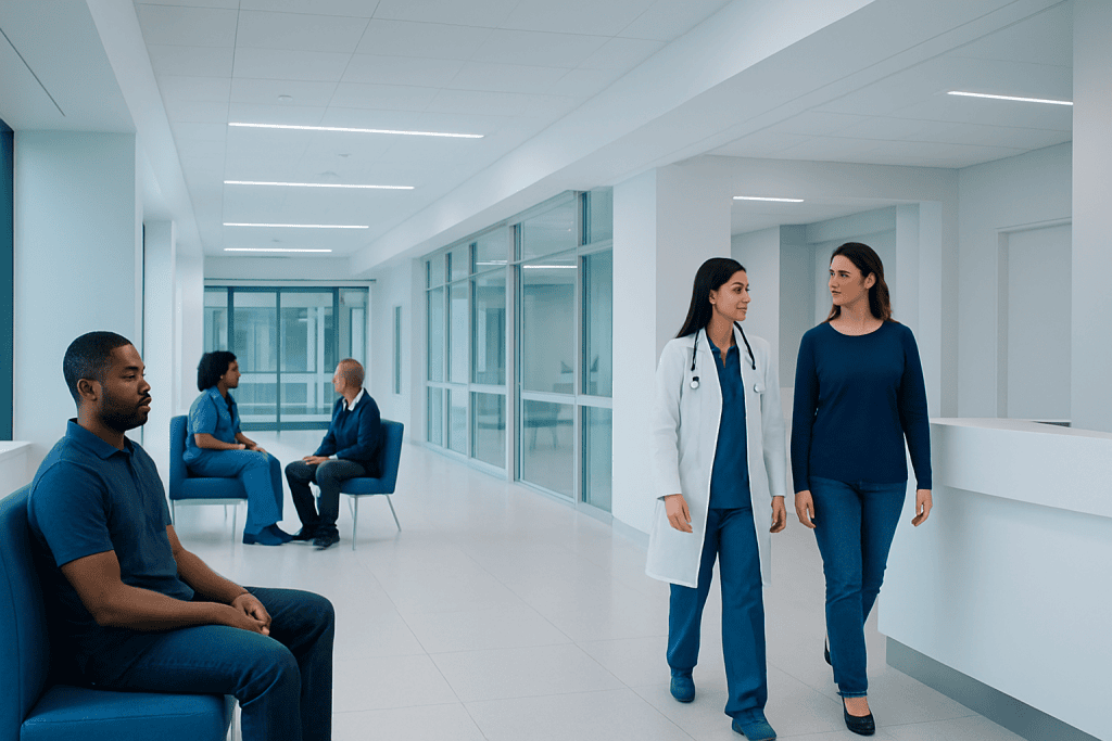 Idiopathic Intracranial Hypertension: How Brain Pressure Affects Vision 1 Healthcare professionals and patients in a modern hospital corridor.