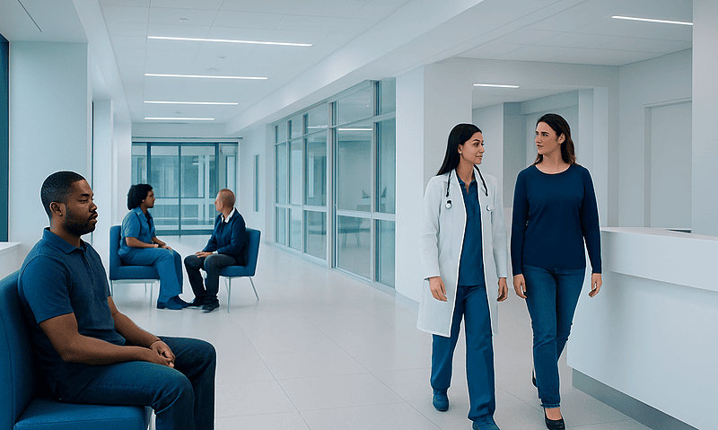 Healthcare professionals and patients in a modern hospital corridor.