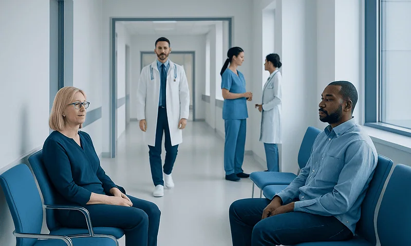 Medical team discussing patient care in hospital corridor.