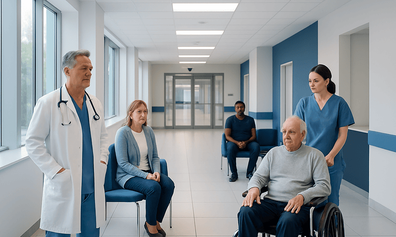 Doctor consulting with elderly patient in hospital corridor.