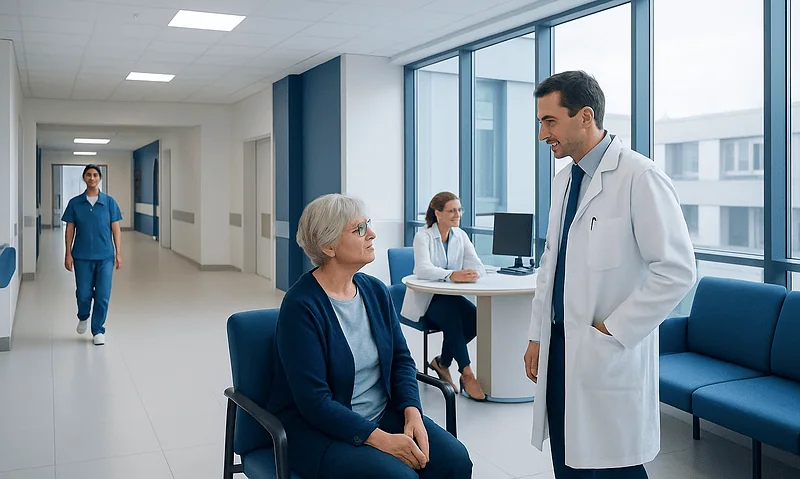 Doctor consulting elderly patient in hospital corridor with staff in background.