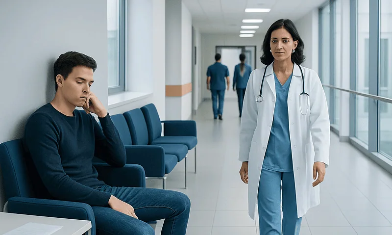 Young man experiencing daytime sleepiness in a hospital corridor.