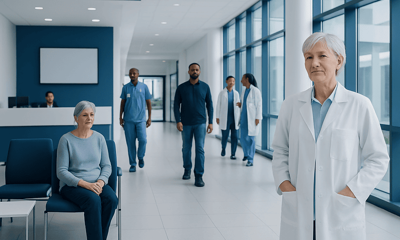 Medical professionals and patient in hospital corridor at Acibadem Hospitals Group.
