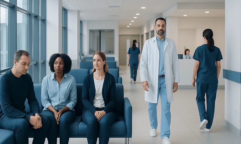 Patients waiting in a hospital corridor with medical staff nearby.
