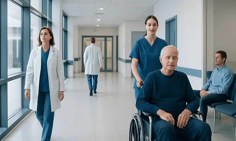 Hospital corridor with medical staff and a patient in wheelchair.