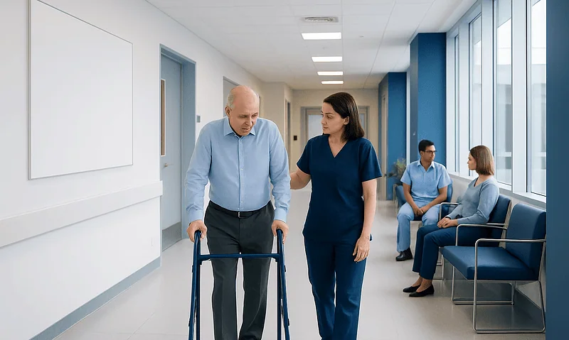 Elderly man walking with walker in hospital corridor with nurse assistance.