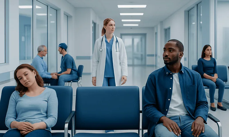 Hospital waiting area with patients and healthcare professionals.