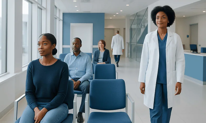 Diverse group of patients waiting in a modern hospital lobby with healthcare professional.